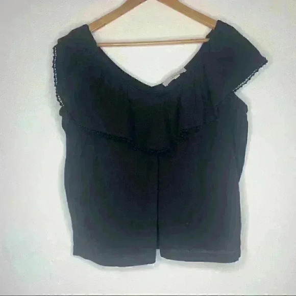 Ann Taylor Loft Ruffle Double V Shell black top blouse Sz xs loose fit - Picture 3 of 9